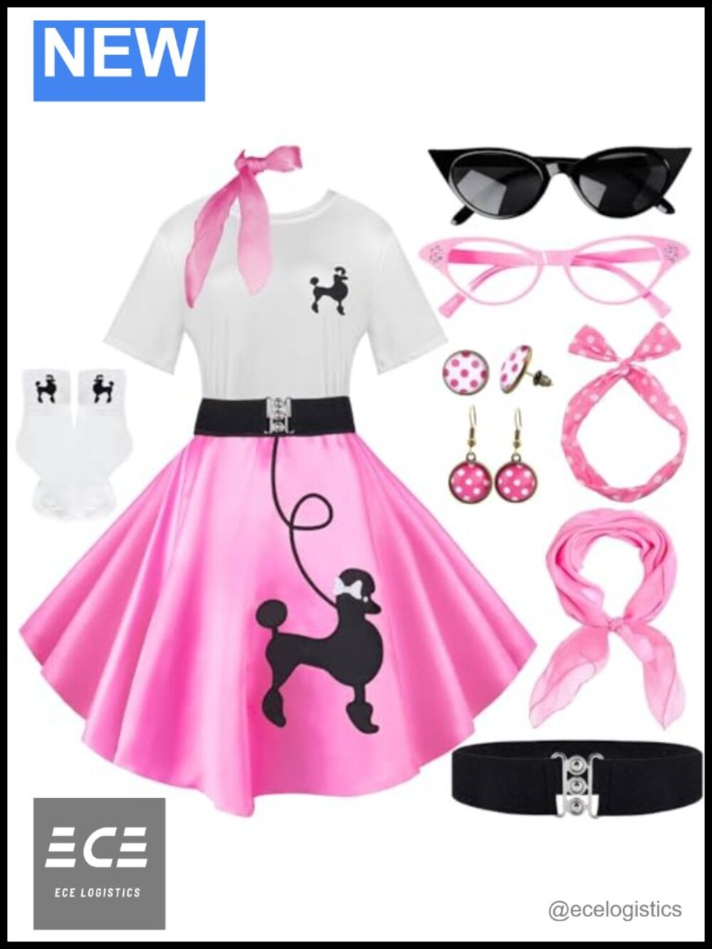 1950s Poodle Skirt Costume Set Sock Hop Outfit Tee Accessories